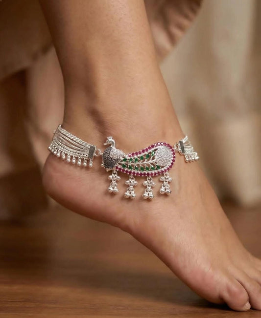 Oxidized Silver Peacock Payal